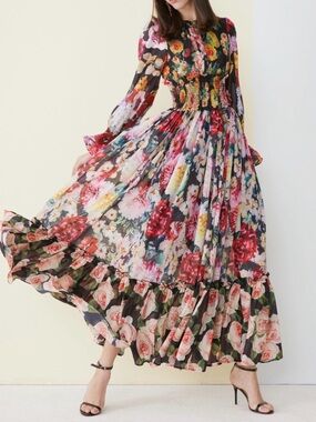 Dalia Macphee VIBRANT Floral Chiffon Smocked Waist Maxi Dress MEDIUM GORGEOUS